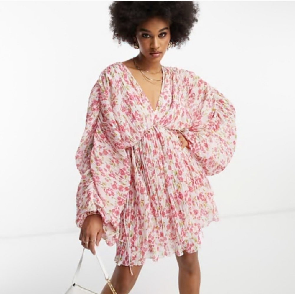Asos Micro Pleated Batwing Trapaze Mini Floral Pink Dress